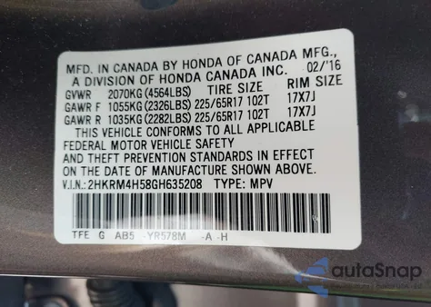 2016 Honda Cr-V Ex z USA, uszkodzony, nr VIN 2HKRM4H58GH635208